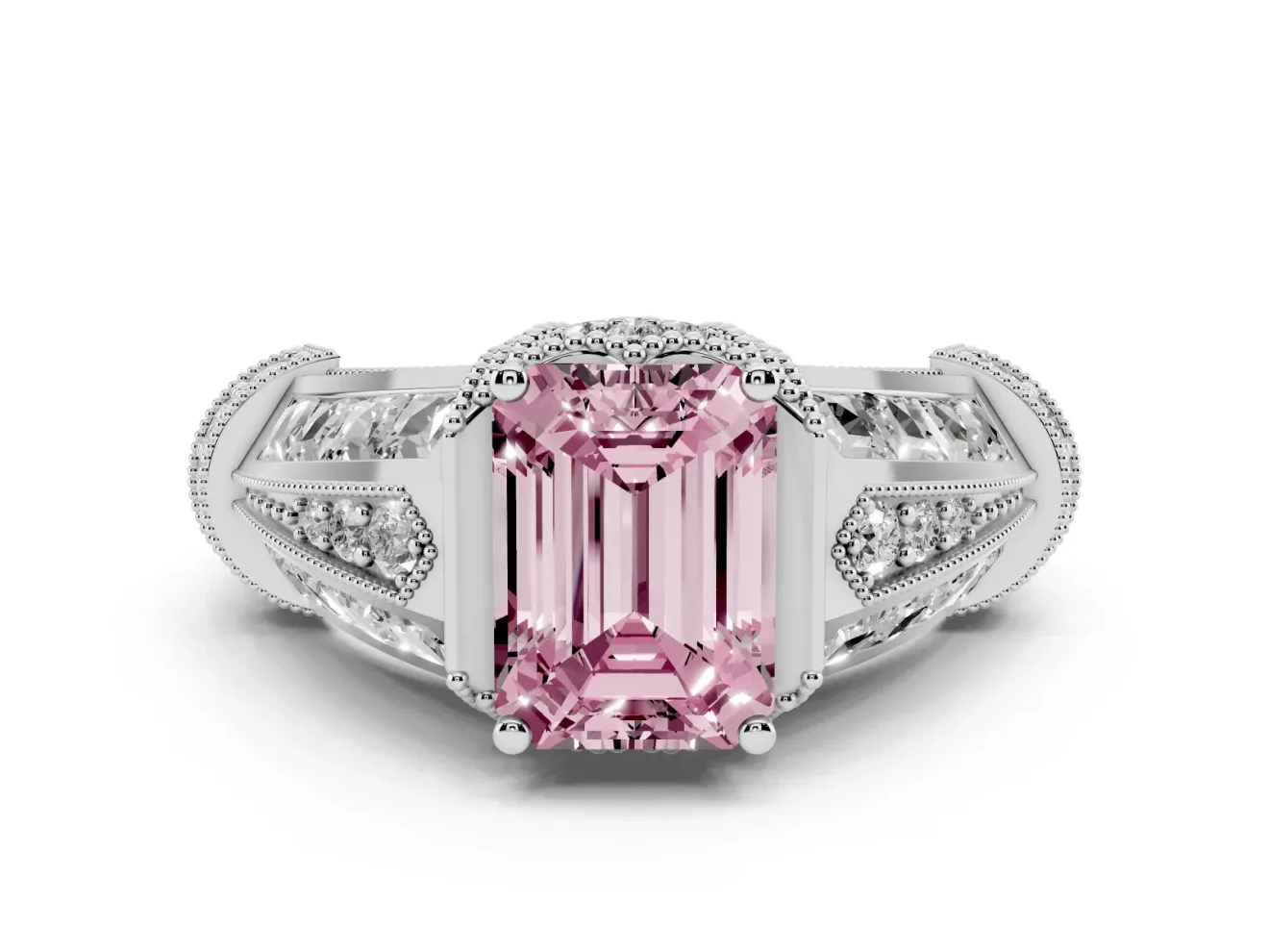 Fancy Pink Emerald Cut Diamond Vintage-Inspired Milgrain Ring Set in White gold with Accent Split Shank