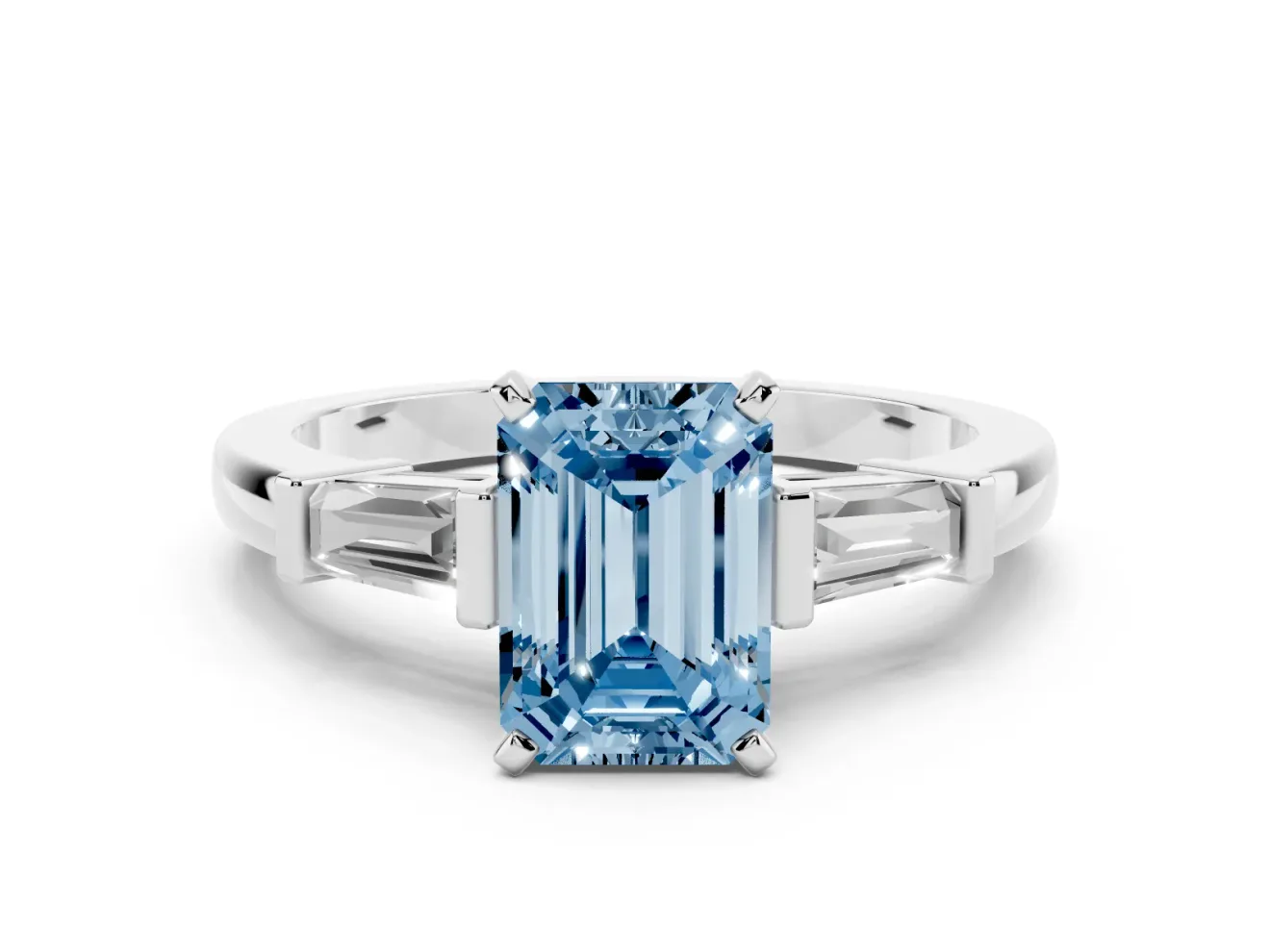 Emerald Cut Three-Stone Engagement Ring Setting for a Fancy Blue Lab-Grown Diamond | Tapered Baguettes | Platinum