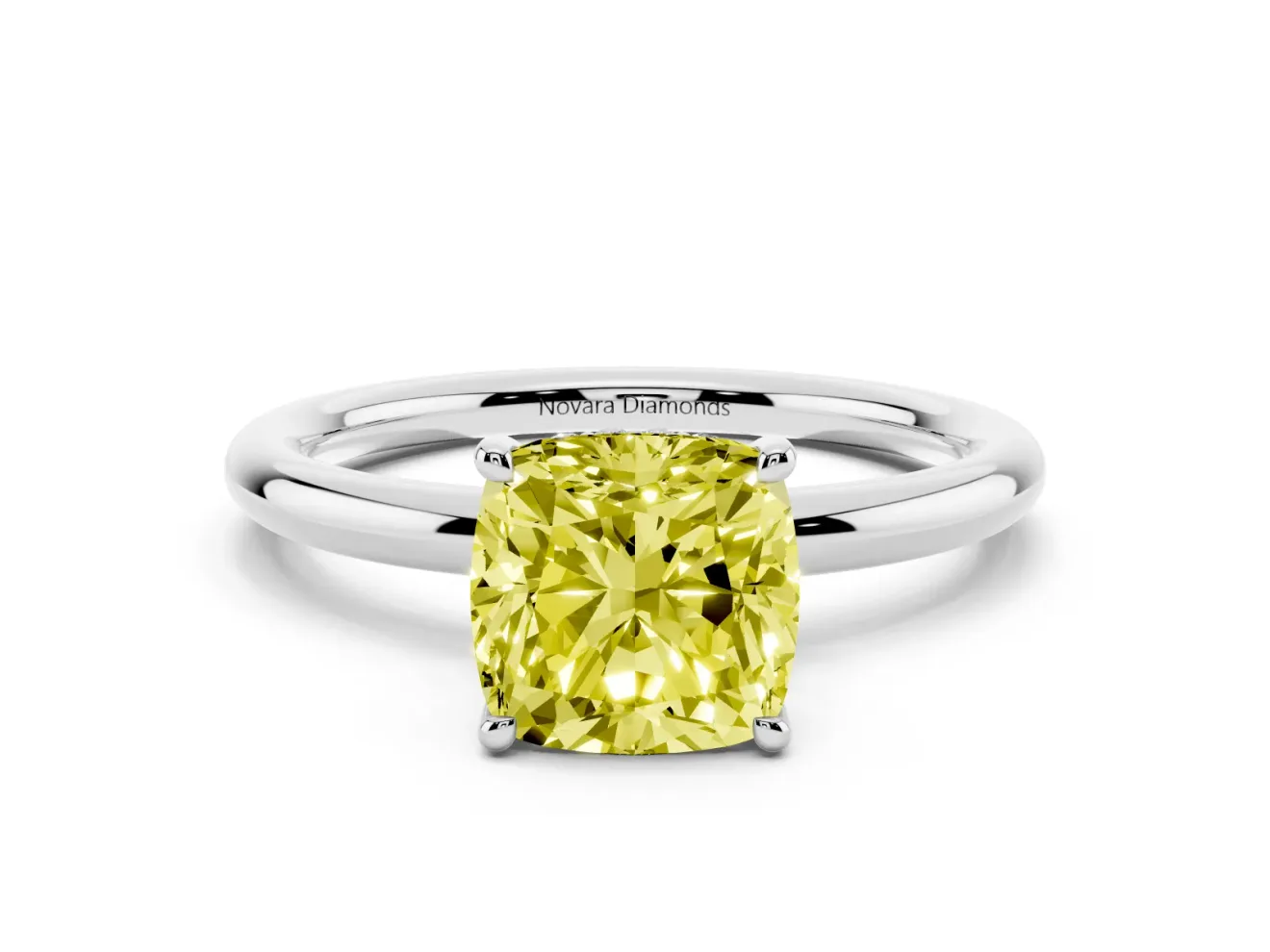 Fancy Yellow Cushion Cut Diamond Solitaire Ring Set in White gold with Thin Band and Prong Setting