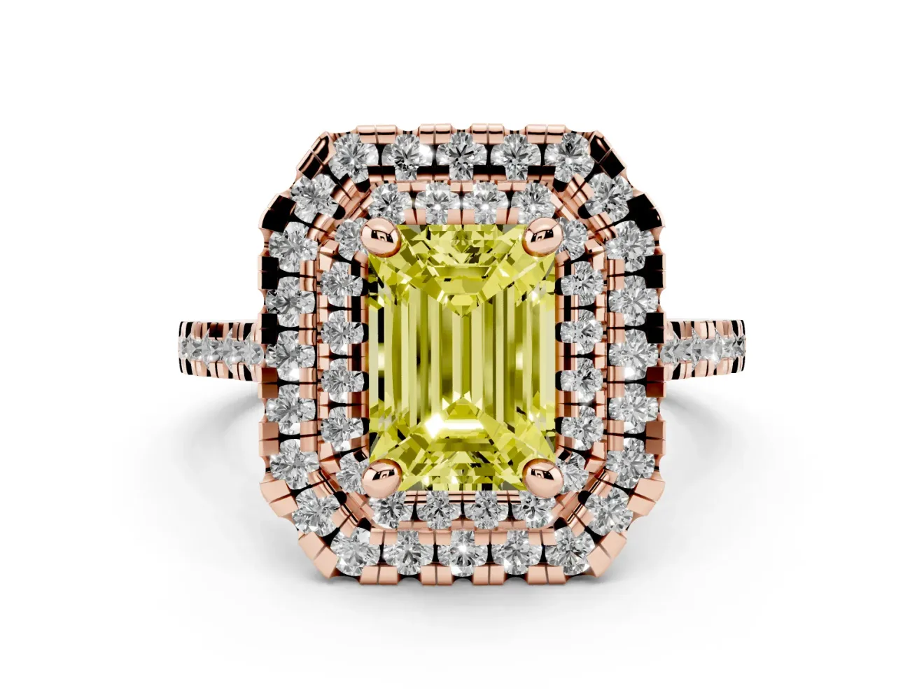 Emerald Cut Double Halo Engagement Ring Setting for a Fancy Yellow Lab-Grown Diamond | Pave Shoulders | Rose Gold