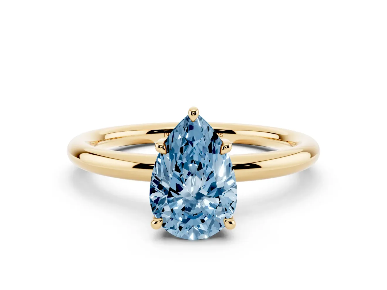 Fancy Blue Pear Cut Diamond Solitaire Ring Set in Yellow gold with Thin Band and Prong Setting