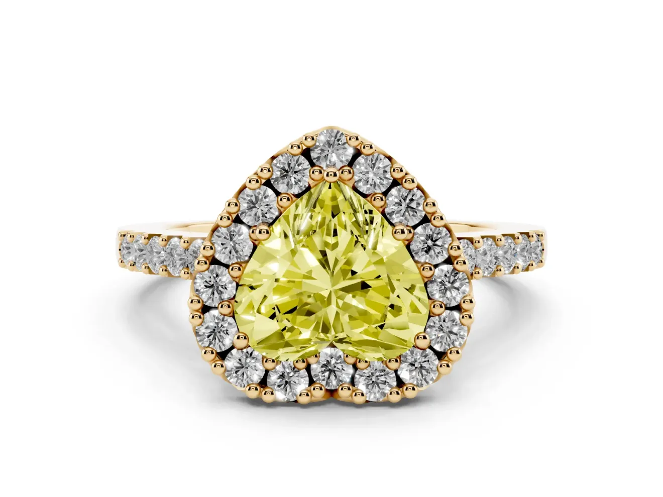 Fancy Yellow Heart Cut Diamond Halo Pavé Solitaire Ring Set in Yellow gold with Prong-Set Center Stone
