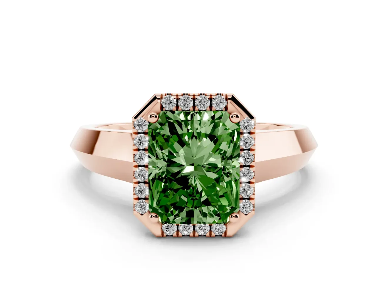 Radiant Cut Knife-Edge Halo Engagement Ring Setting for a Fancy Green Lab-Grown Diamond | Rose Gold
