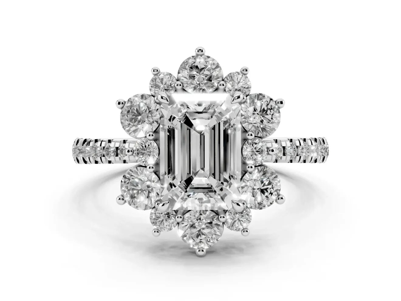 Emerald Cut Star Floral Halo Engagement Ring Setting | Graduated Pavé Band | Platinum