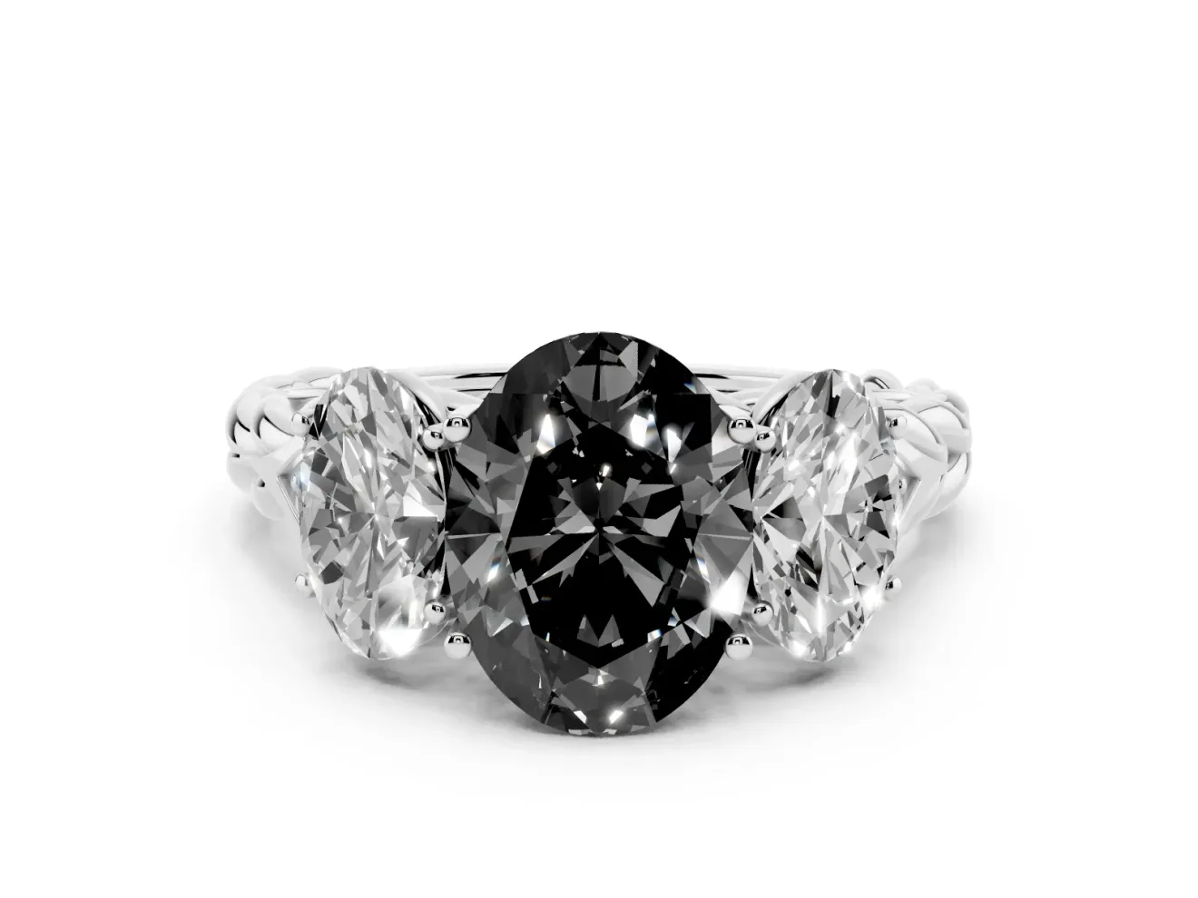 Fancy Black Oval Cut Diamond Three-Stone Ring Set in White gold with Braided Band