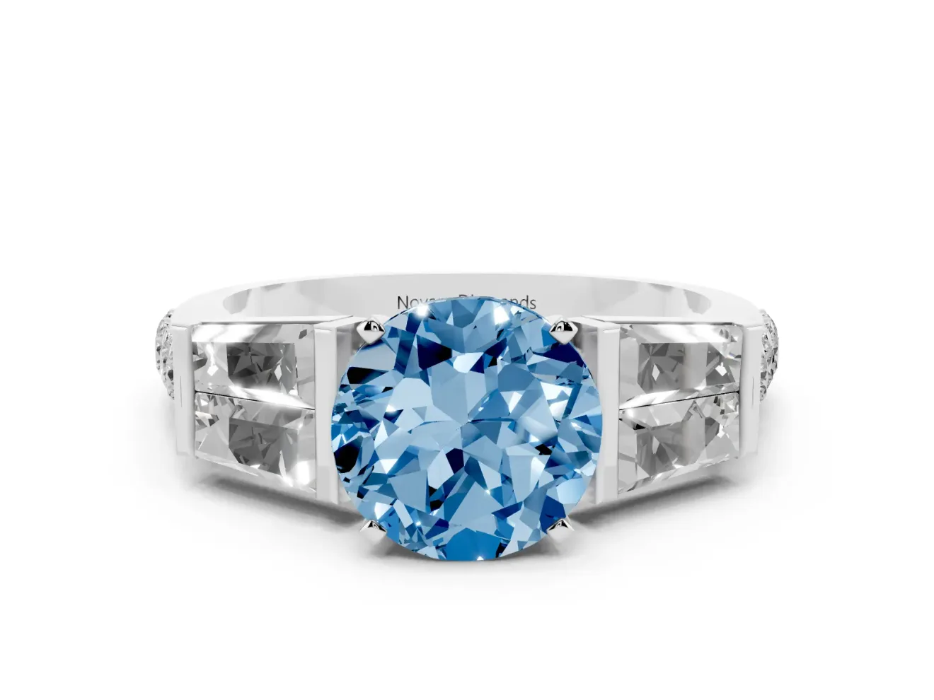 Fancy Blue Round Cut Diamond Engagement Ring Set in Silver with Baguette Side Stones and Channel Set Band