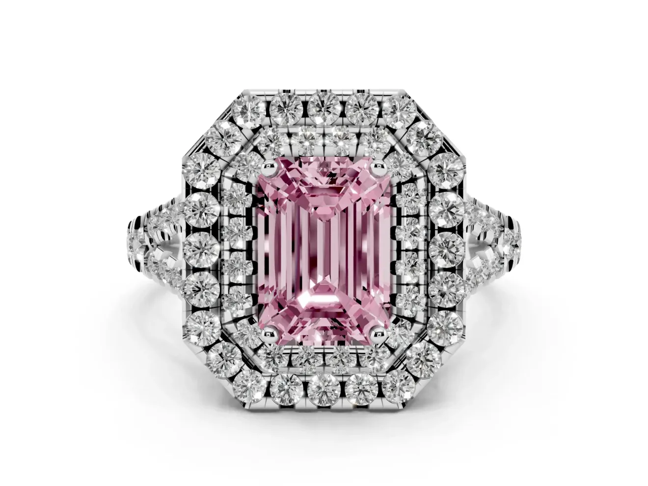 Emerald Cut Halo Split Shank Engagement Ring Setting for a Fancy Pink Lab-Grown Diamond | Pavé Strands | Platinum