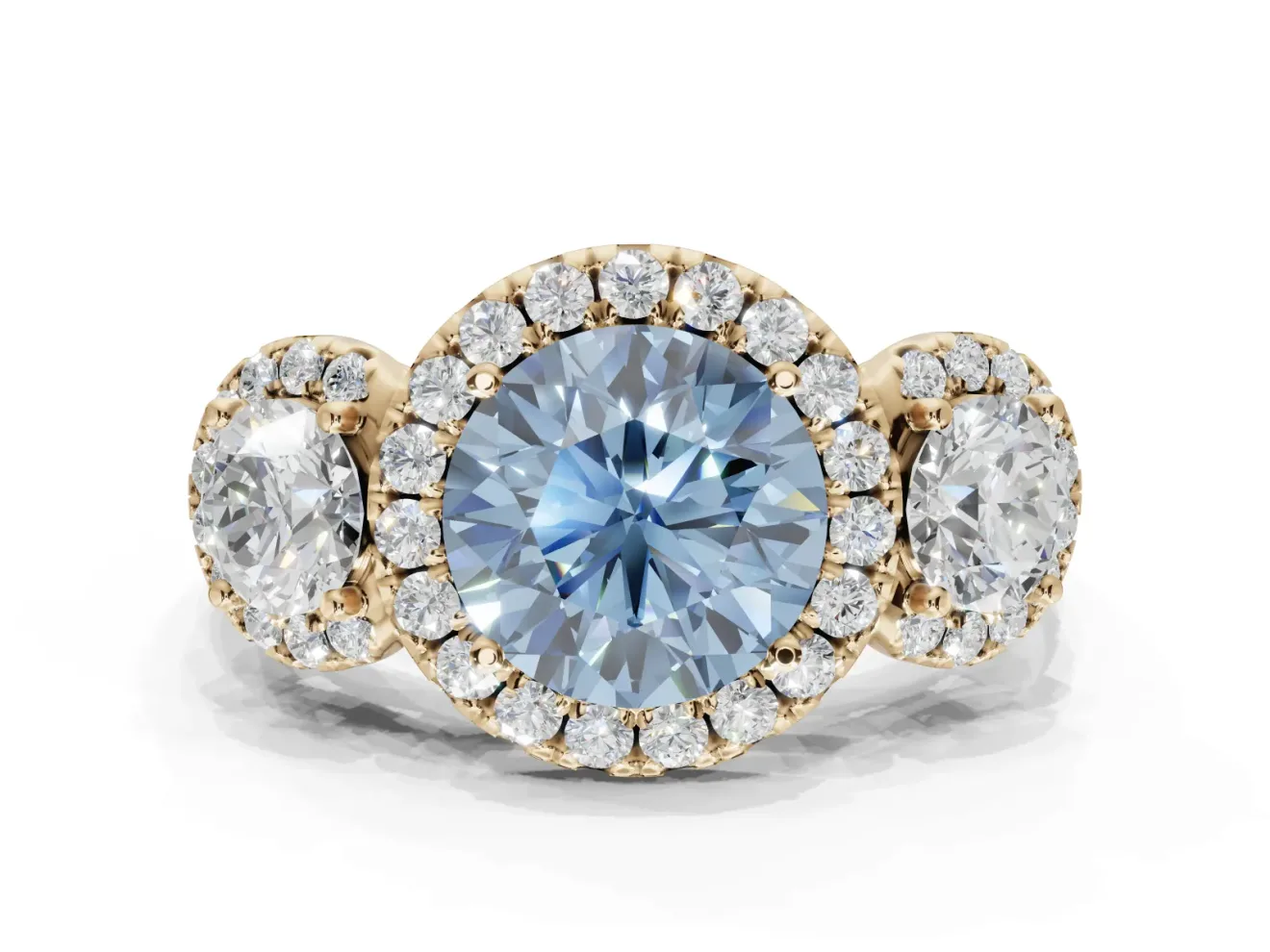 Round Three Stone Halo Engagement Ring Setting for a Fancy Blue Lab-Grown Diamond | Yellow Gold