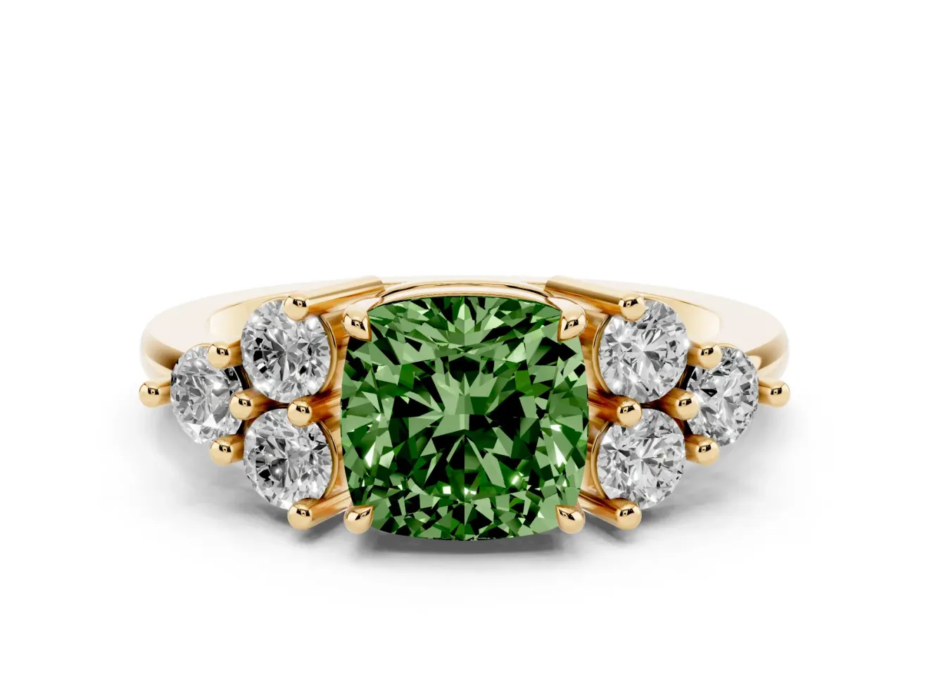 Cushion Cut Cluster Side Stone Engagement Ring Setting for a Fancy Green Lab-Grown Diamond | Plain Band | Yellow Gold