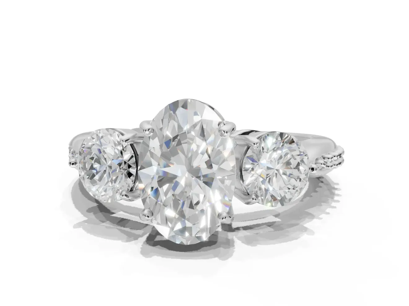Oval Three Stone Engagement Ring Setting | Tapered Pave Band | Platinum