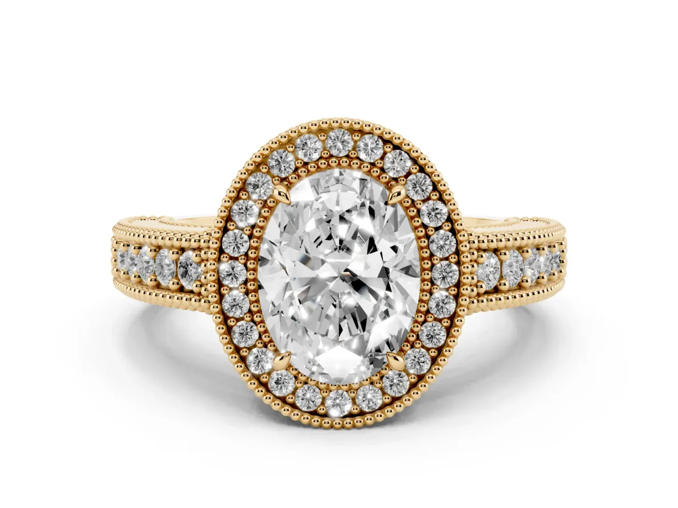 Oval Cut Diamond Halo Ring Set in Yellow gold with Round Accent Halo, Pavé Band and Prong Setting