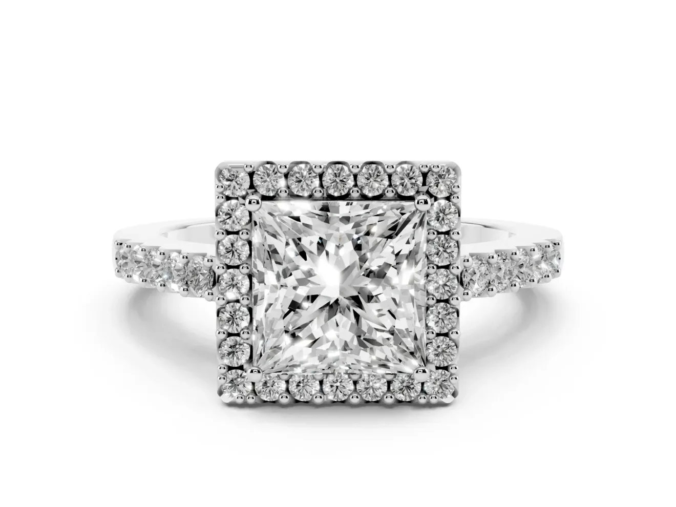 Princess Cut Halo Engagement Ring Setting | Single Row Pavé Band | Sterling Silver