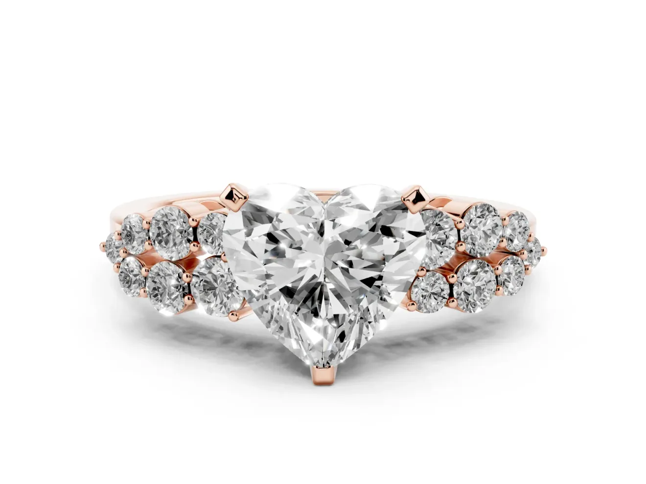 Heart-Shaped Side Stone Engagement Ring Setting | Two-Row Shoulder Clusters | Rose Gold