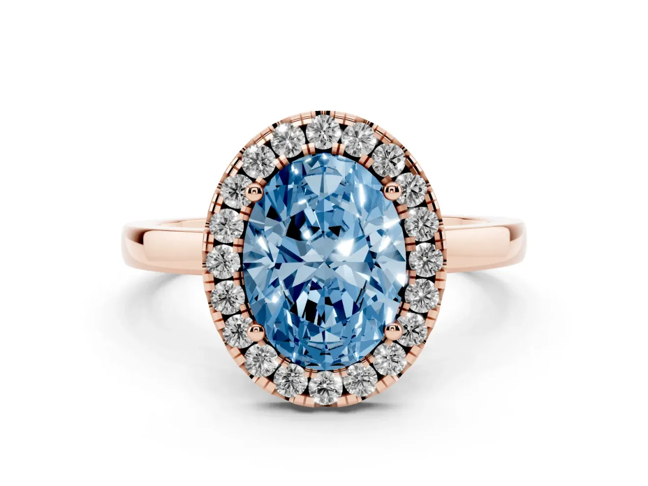 Oval Thin Halo Engagement Ring Setting for a Fancy Blue Lab-Grown Diamond | Plain Polished Band | Rose Gold