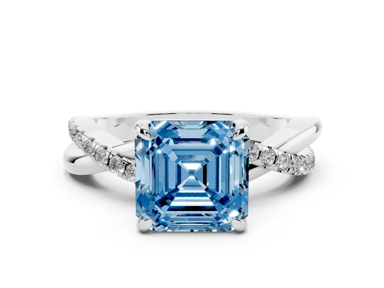 Fancy Blue Asscher Cut Diamond Twist Band Solitaire Set in Silver with Pavé Accents and Prong Setting