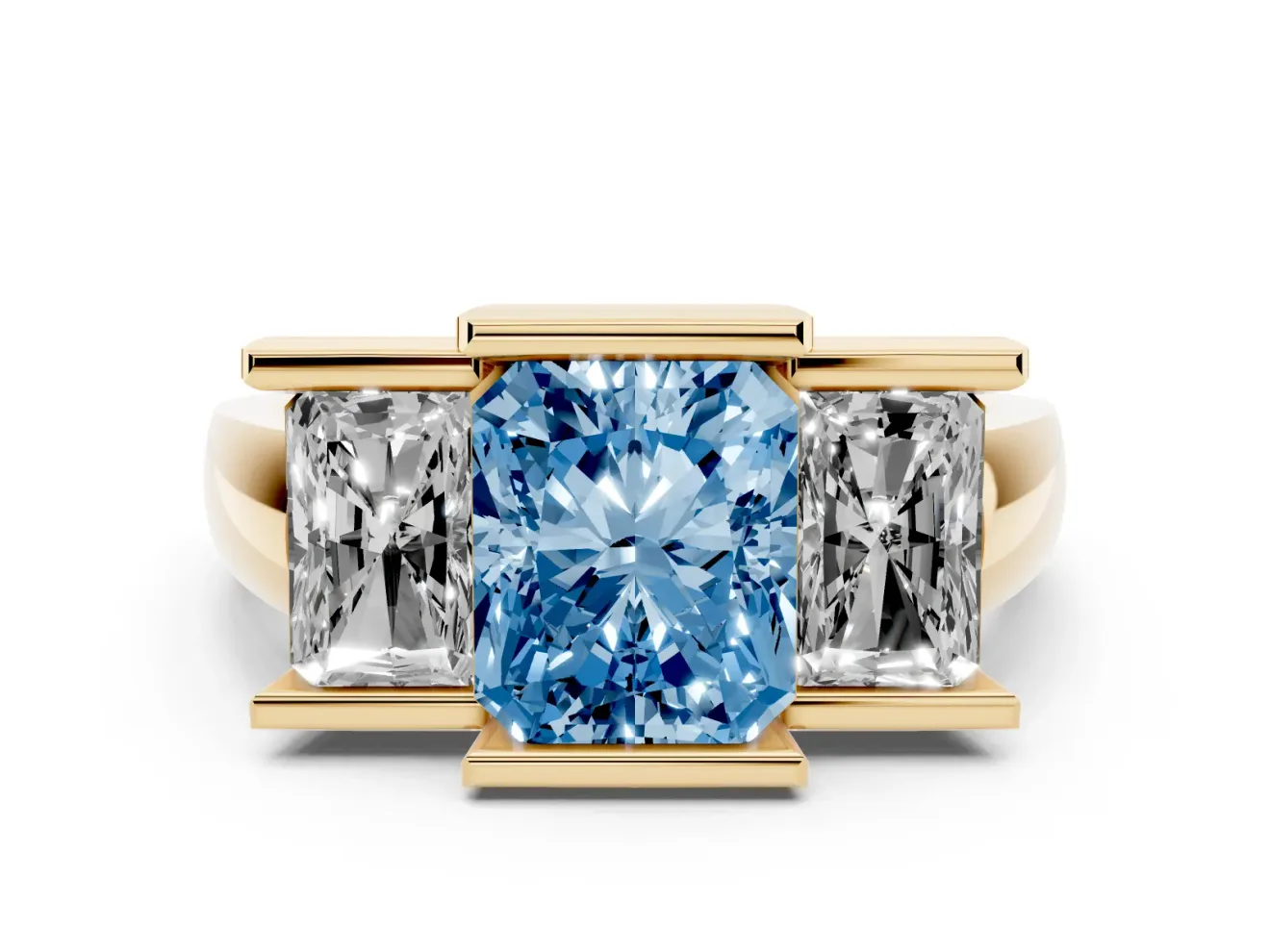 Radiant Cut Channel-Set Three Stone Engagement Ring Setting for a Fancy Blue Lab-Grown Diamond | Yellow Gold
