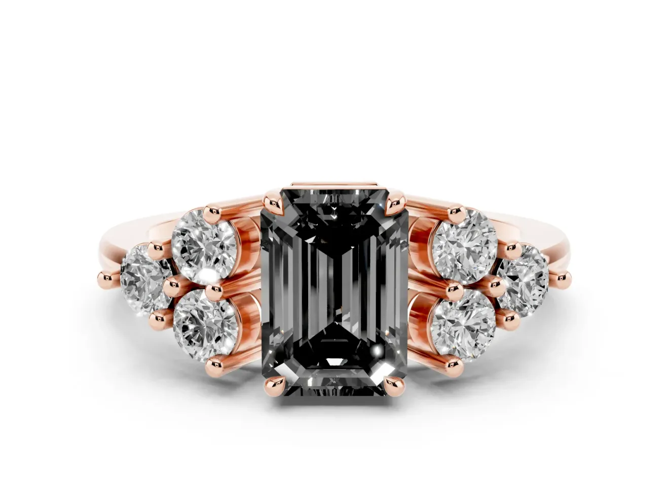 Fancy Black Emerald Cut Diamond Solitaire Ring Set in Rose gold with Cluster Accents on Each Side
