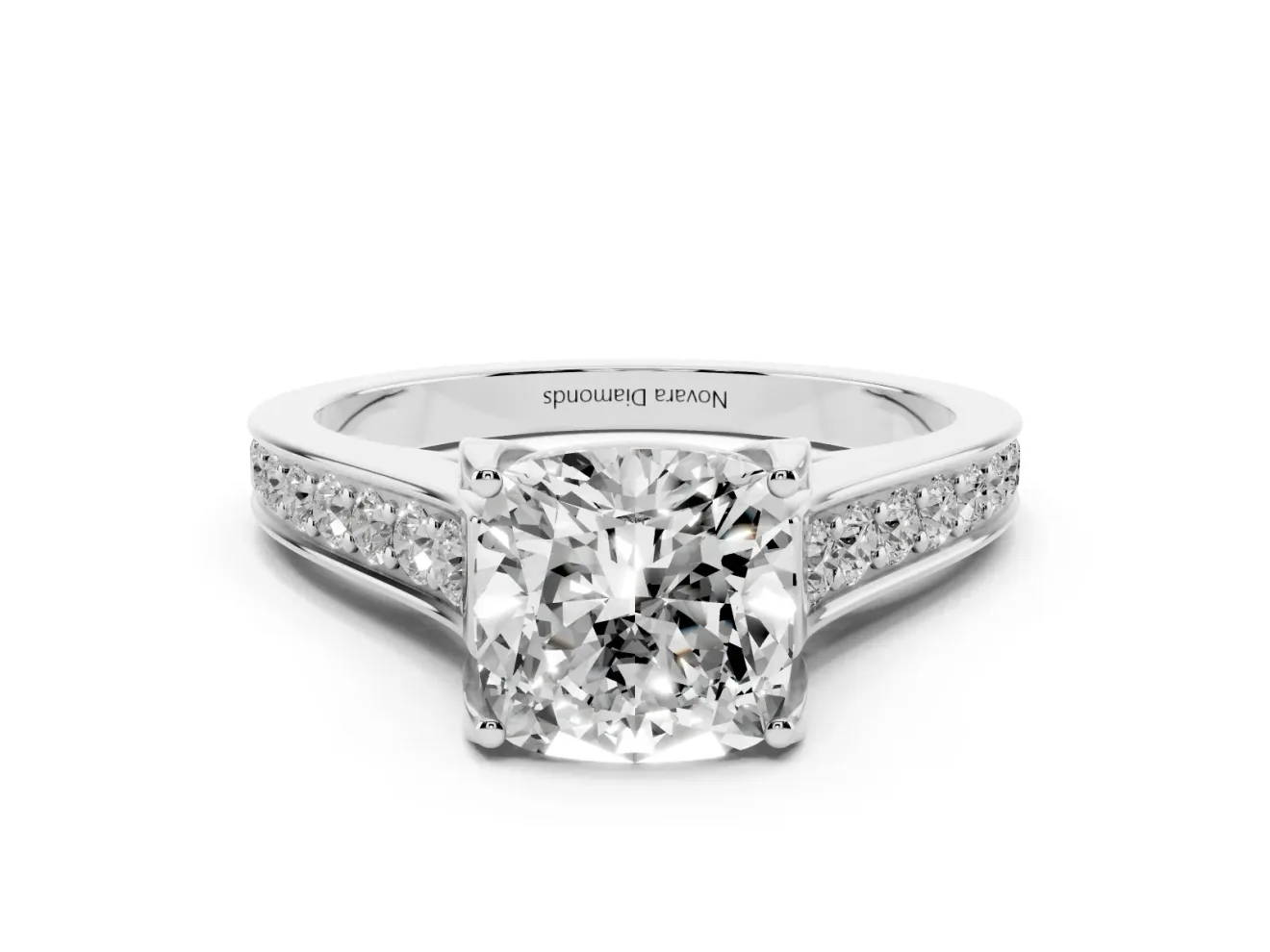 Cushion Cut Diamond Solitaire Pavé Engagement Ring Set in Silver with Prong Setting