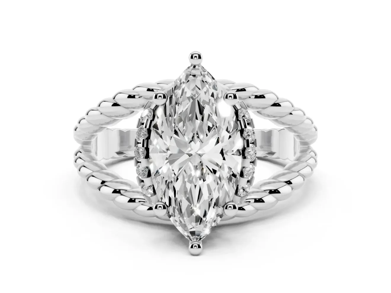 Marquise Cut Diamond Halo Ring Set in Platinum with Twisted Band and Prong Setting