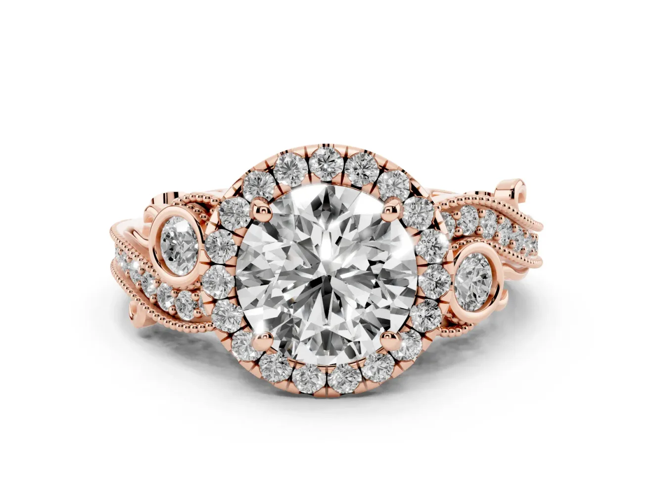 Round Cut Diamond Halo Ring Set in Rose gold with Milgrain Pavé Band and Prong Setting
