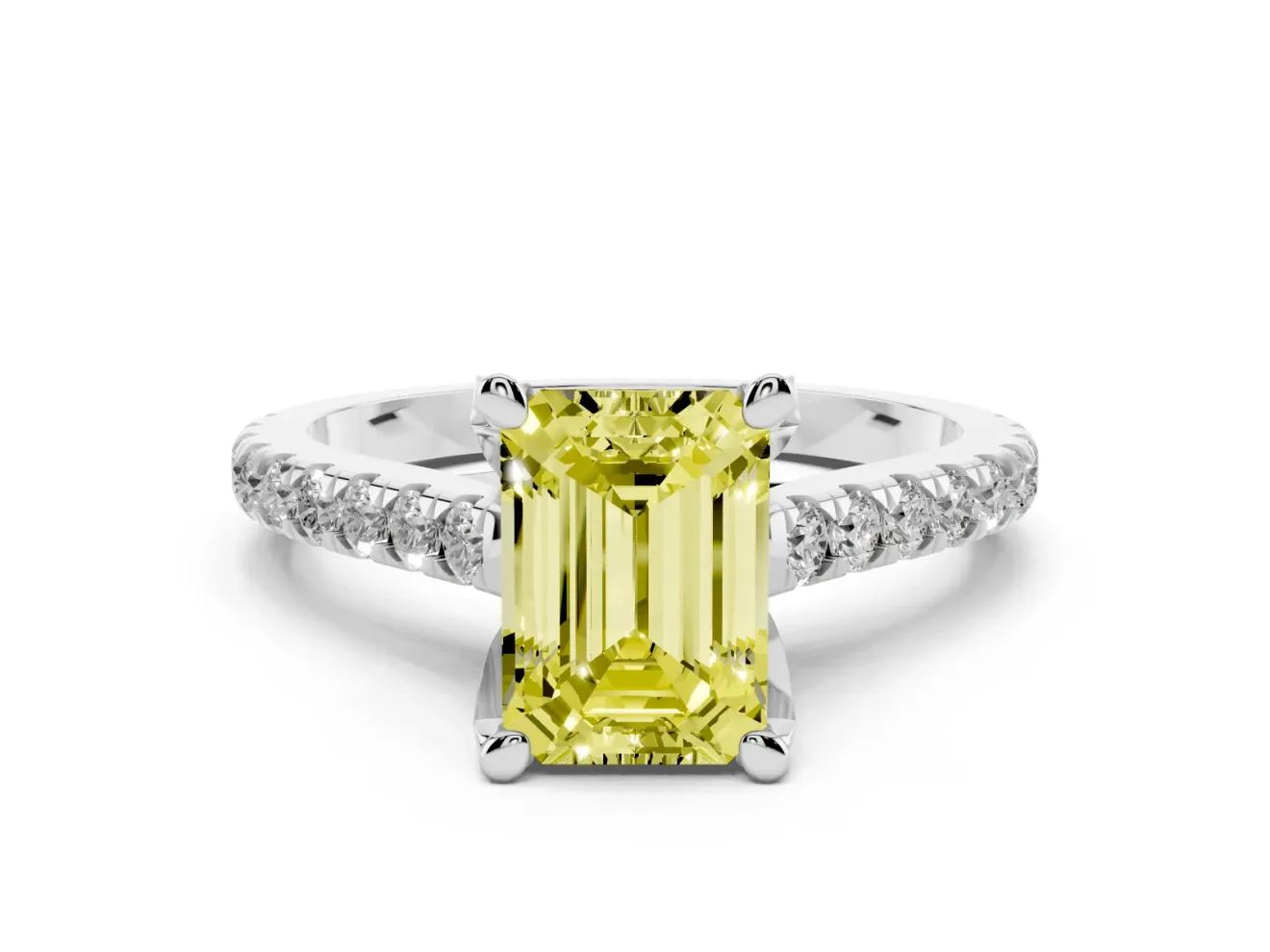 Fancy Yellow Emerald Cut Diamond Solitaire Ring Set in Platinum with Brilliant Pavé Band and Prong Setting