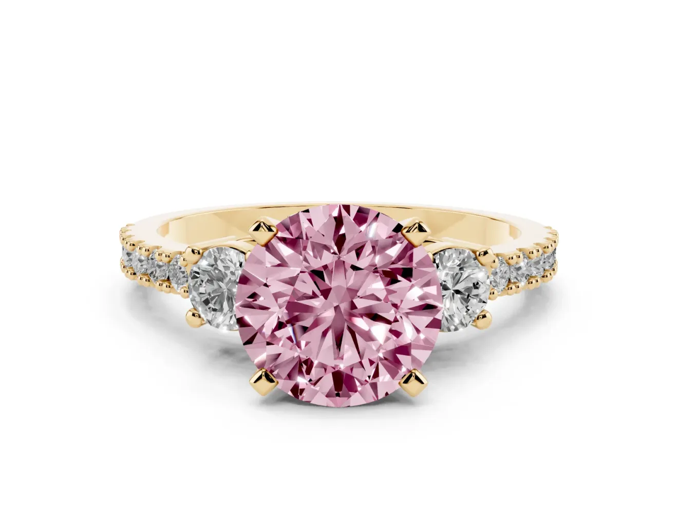 Fancy Pink Three-Stone Round Cut Diamond Pavé Band Ring Set in Yellow gold with Prong Setting