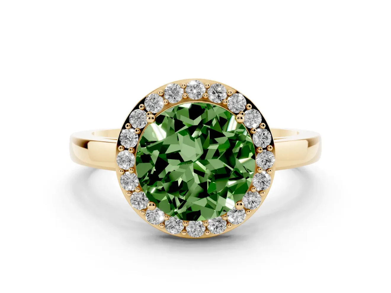 Fancy Green Round Cut Diamond Halo Ring Set in Yellow gold with Solitaire Band and Prong Setting