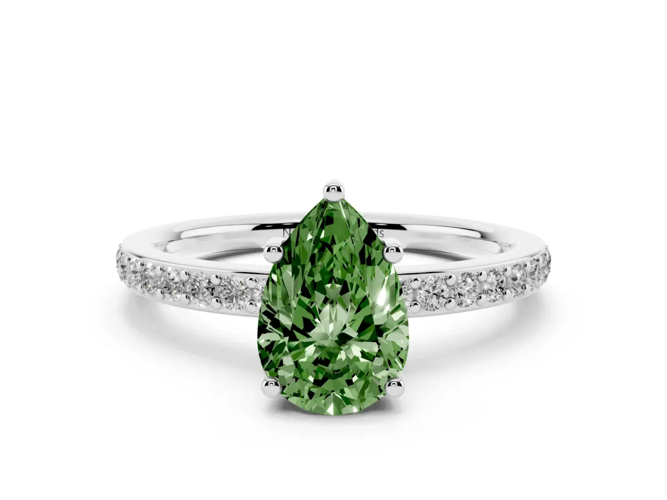 Fancy Green Pear Cut Diamond Pavé Band Ring Set in Silver with Prong-Set Center Stone