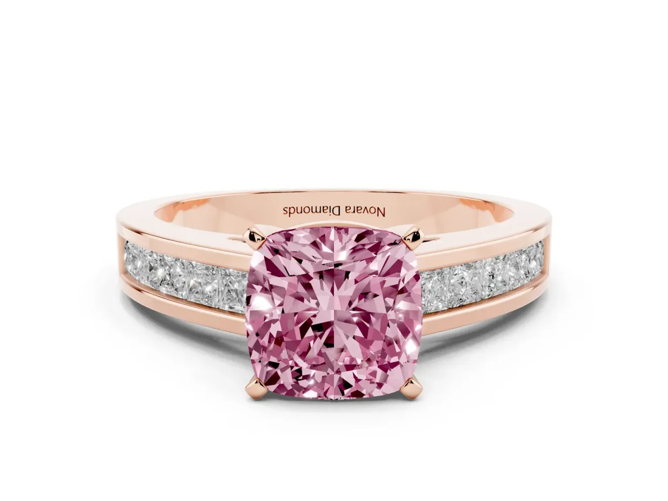 Fancy Pink Cushion Cut Diamond Solitaire Ring Set in Rose gold with Channel-Set Band and Prong Setting