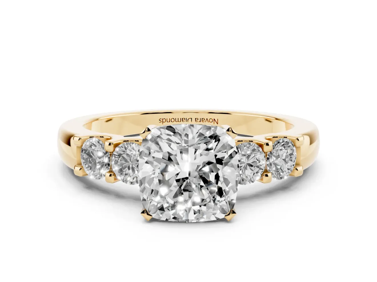 Cushion Cut Diamond Five-Stone Prong Set Engagement Ring Set in Yellow gold with Channel Band