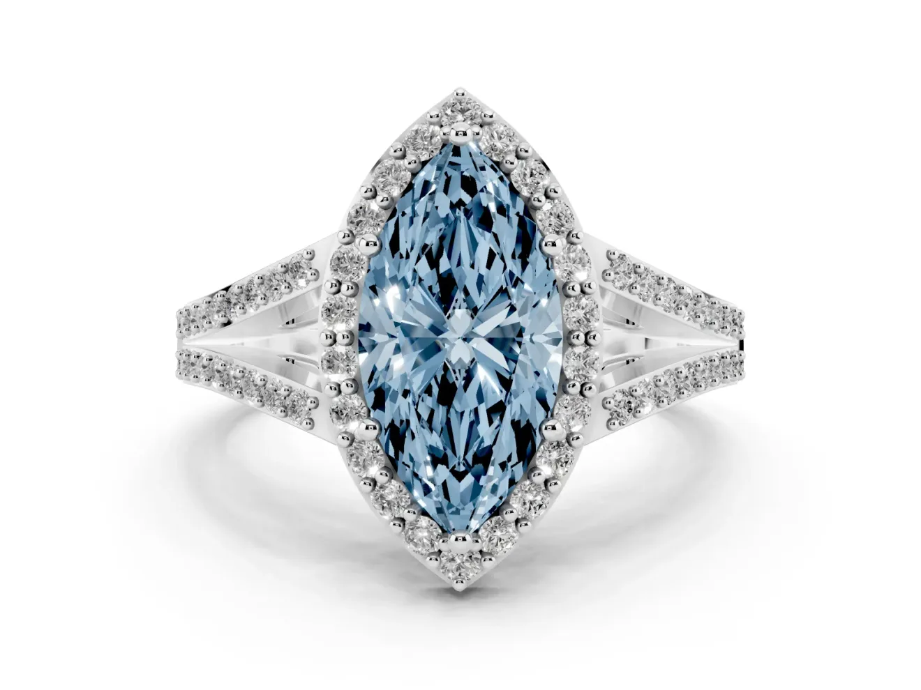 Fancy Blue Marquise Cut Diamond Halo Split Shank Pavé Ring Set in Silver with Prong Setting