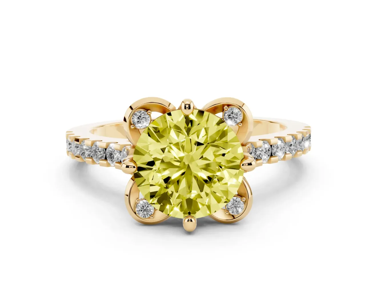 Round Floral Engagement Ring Setting for a Fancy Yellow Lab-Grown Diamond | Pavé Band | Yellow Gold