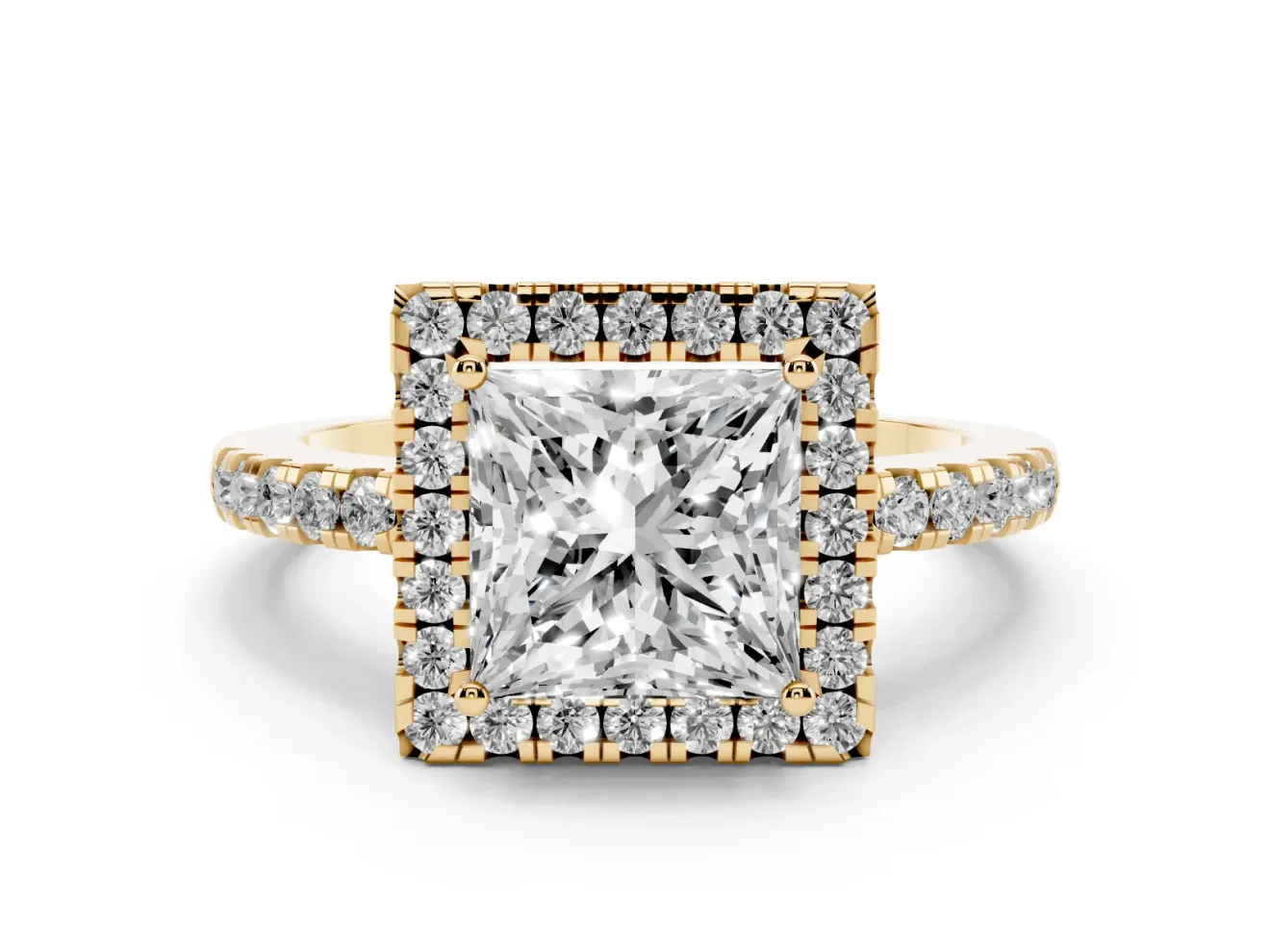 Princess Cut Halo Engagement Ring Setting | Shared Prong Pavé Band | Yellow Gold