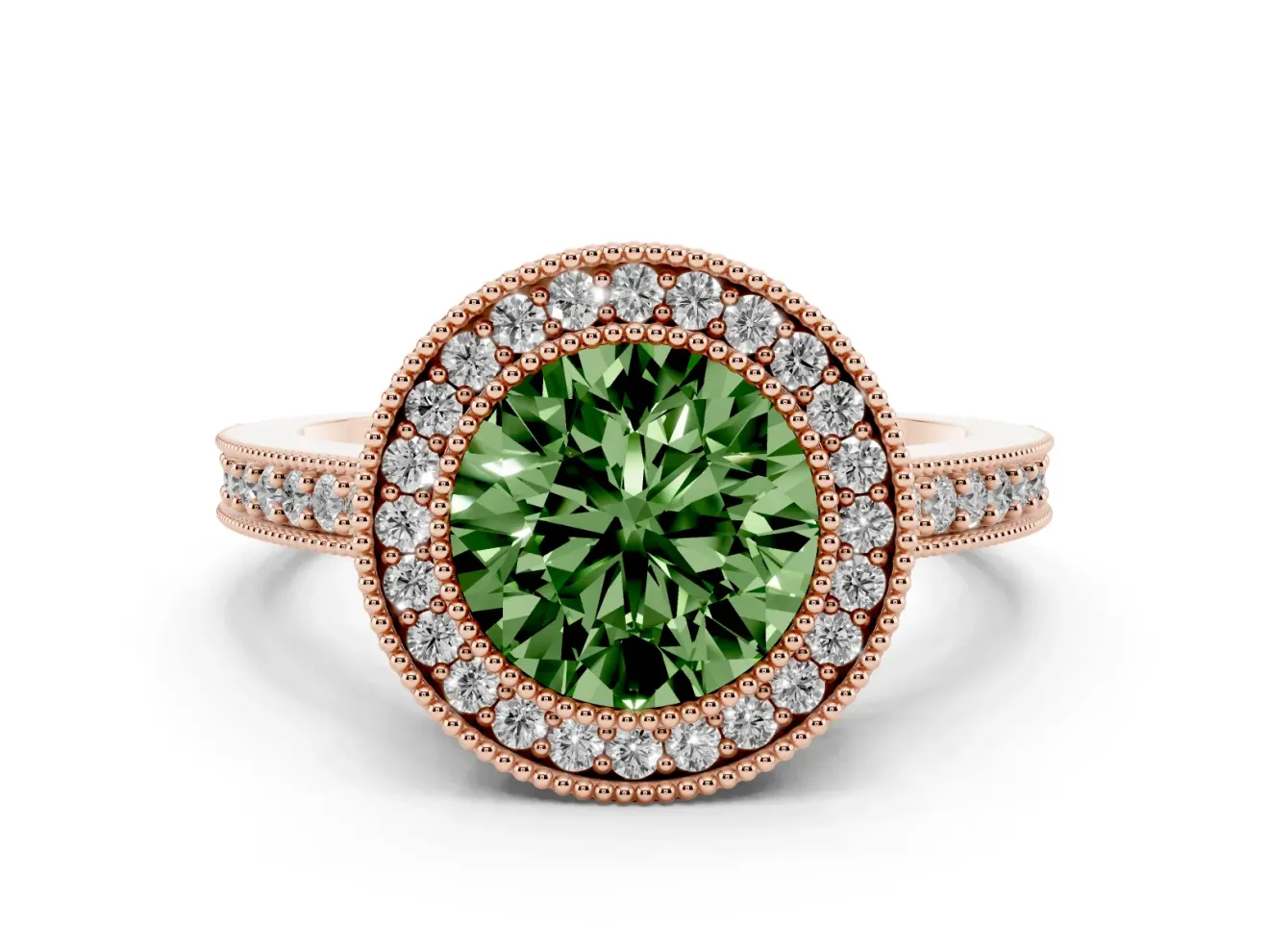 Round Milgrain Halo Engagement Ring Setting for a Fancy Green Lab-Grown Diamond | Pave Band | Rose Gold