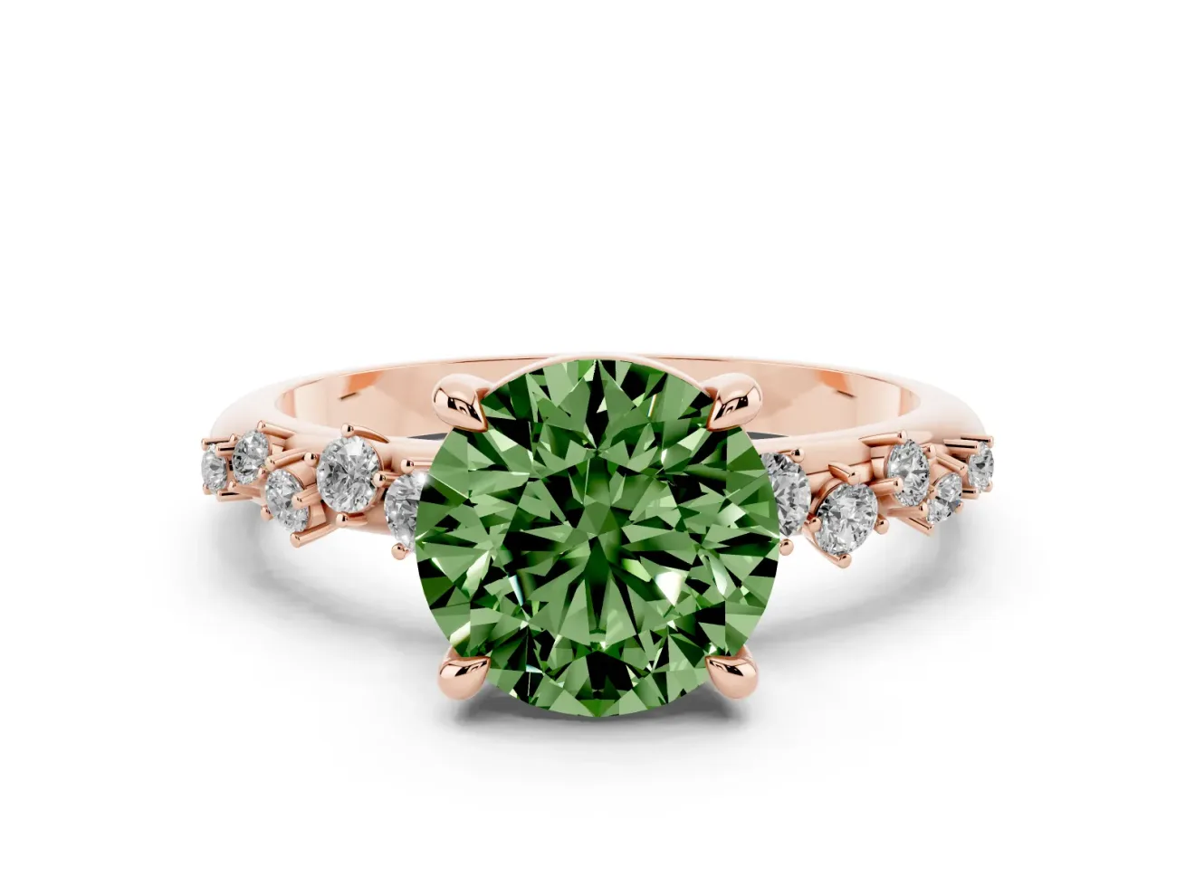 Fancy Green Round Cut Diamond Solitaire Vine Band Ring Set in Rose gold with Round Accents and Prong Setting