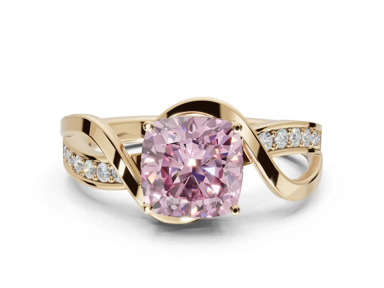 Cushion Cut Bypass Solitaire Engagement Ring Setting for a Fancy Pink Lab-Grown Diamond | Pavé Strands | Yellow Gold