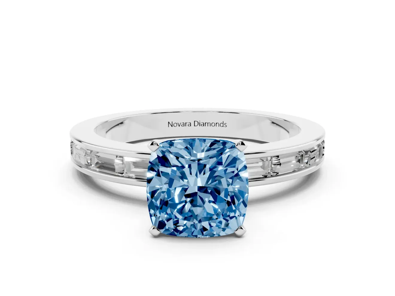 Fancy Blue Cushion Cut Diamond Solitaire Ring Set in Platinum with Channel-Set Baguette Band and Prong Setting