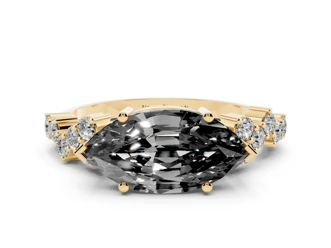 Marquise Scattered Accent Engagement Ring Setting for a Black Center | Slim Band | Yellow Gold