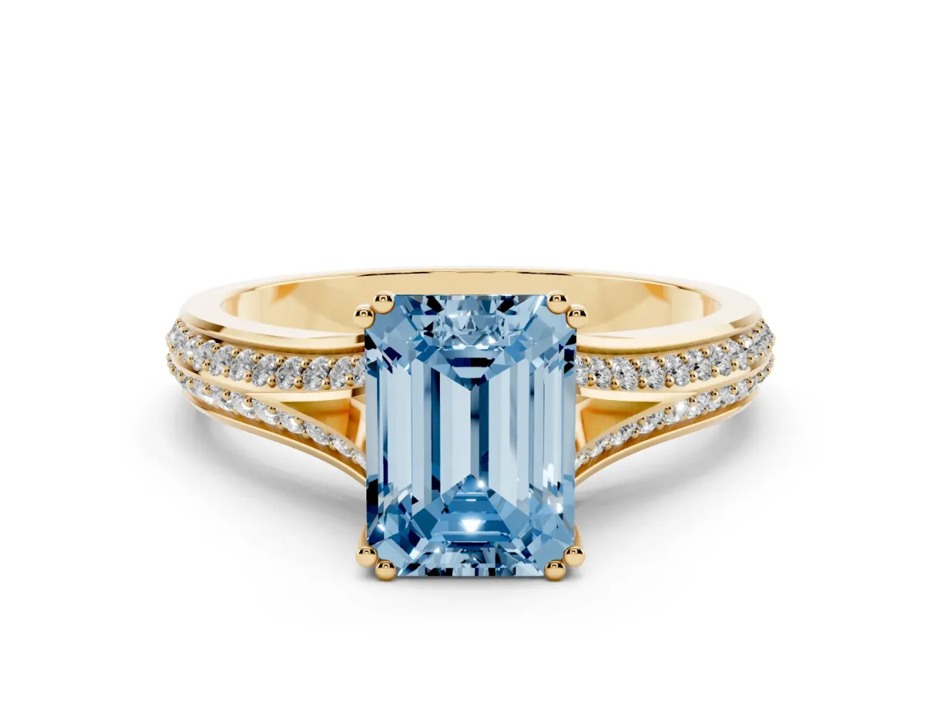 Emerald Cut Split Shank Engagement Ring Setting for a Fancy Blue Lab-Grown Diamond | Pave Band | Yellow Gold