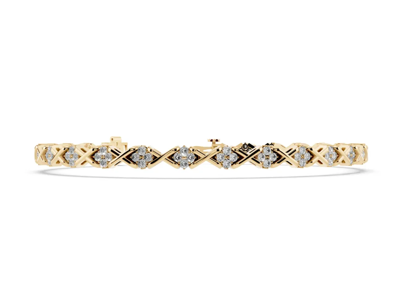 Round Lab-Grown Diamond Cluster Tennis Bracelet | Crossed X Links | Yellow Gold