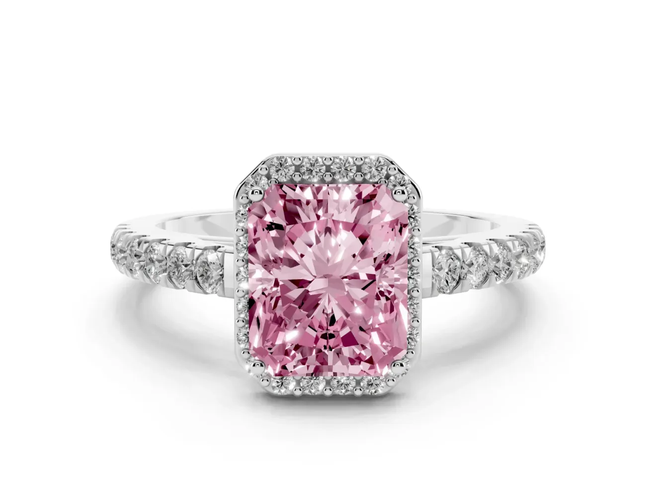 Fancy Pink Radiant Cut Diamond Halo Engagement Ring Set in White gold with Pavé Band and Prong Setting