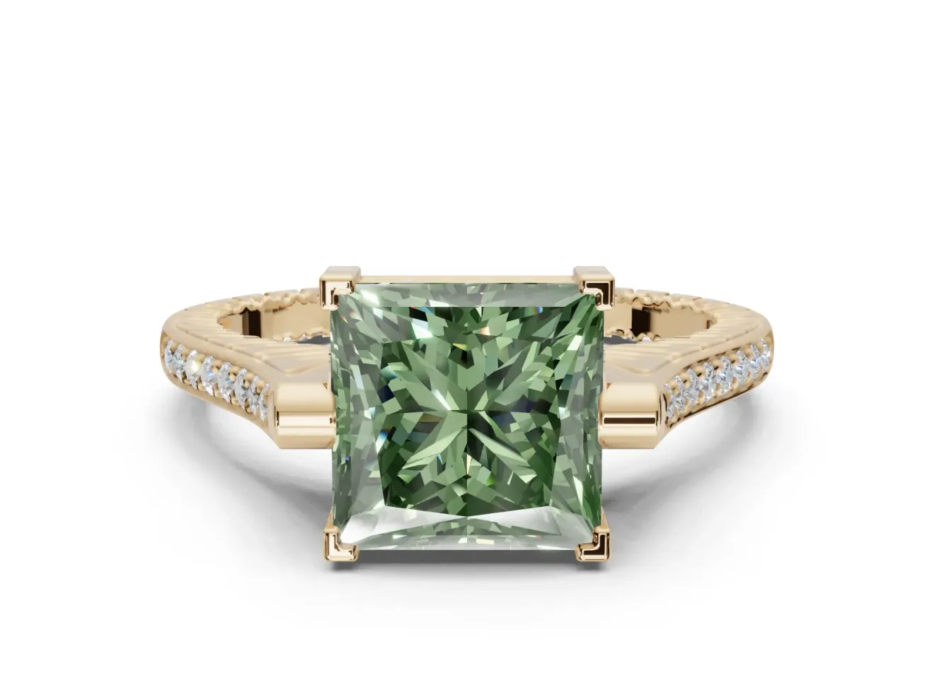Princess Cut Vintage Cathedral Engagement Ring Setting for a Fancy Green Lab-Grown Diamond | Carved Band | Yellow Gold