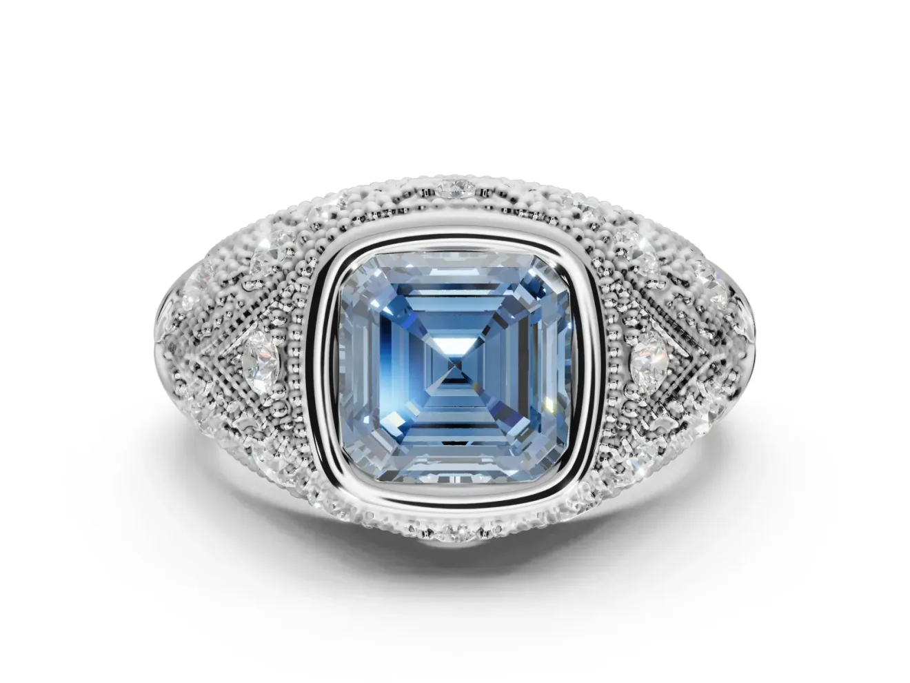Asscher Cut Vintage Bezel Engagement Ring Setting for a Fancy Blue Lab-Grown Diamond | Platinum
