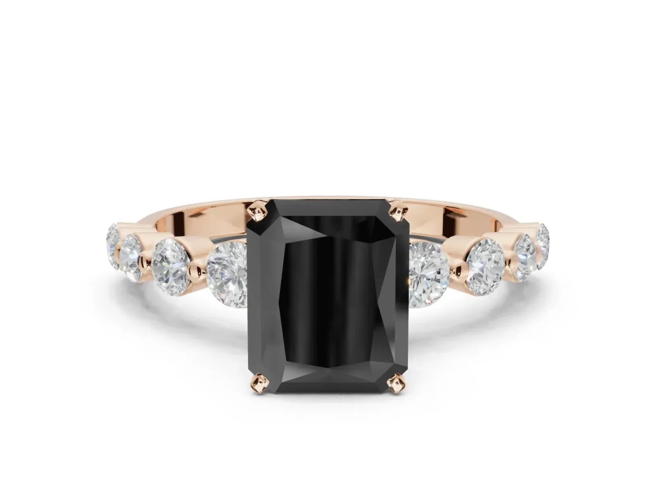 Radiant Cut Graduated Side Stone Engagement Ring Setting for a Black Center | Rose Gold