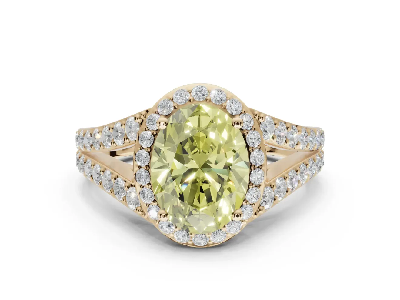 Oval Halo Pavé Engagement Ring Setting for a Fancy Yellow Lab-Grown Diamond | Narrow Split Shank | Yellow Gold