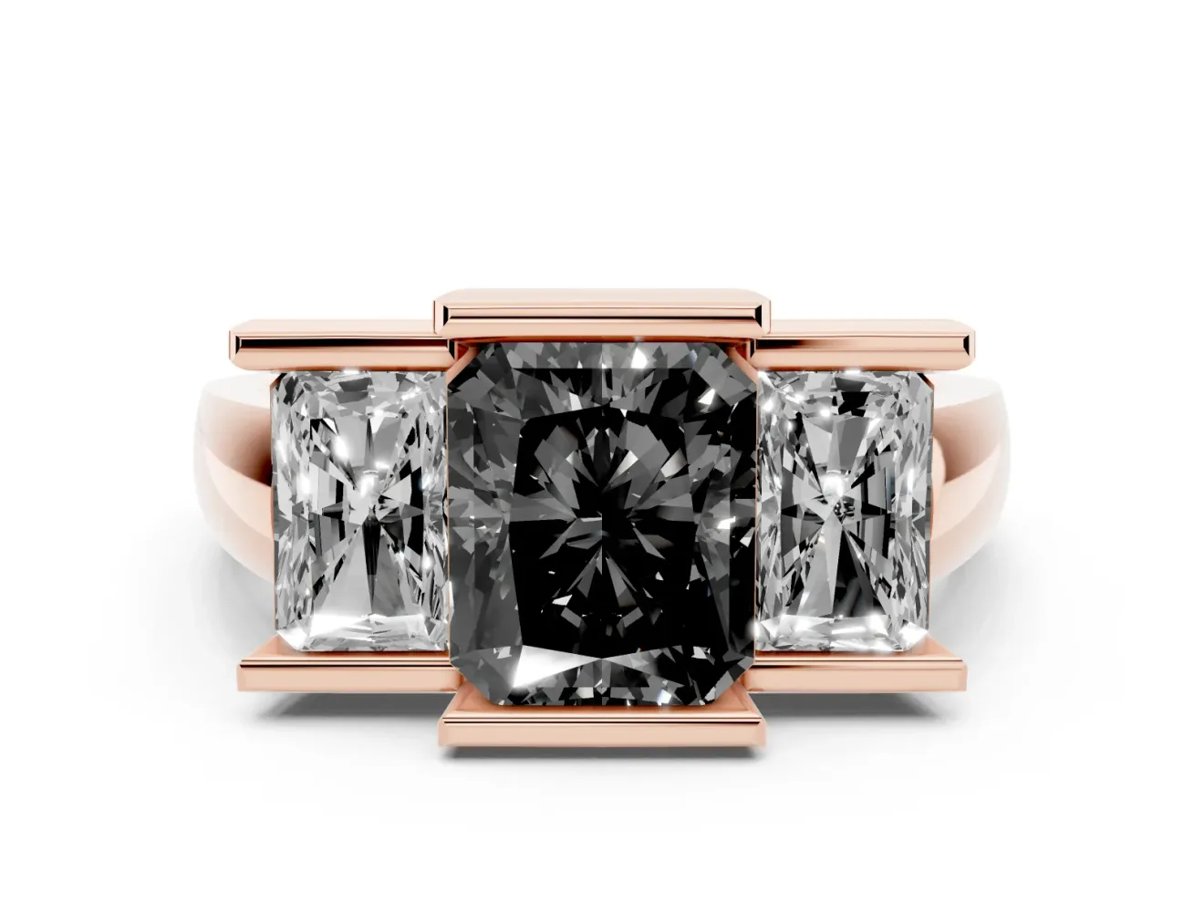 Radiant Cut Channel-Set Three Stone Engagement Ring Setting for a Black Center | Rose Gold