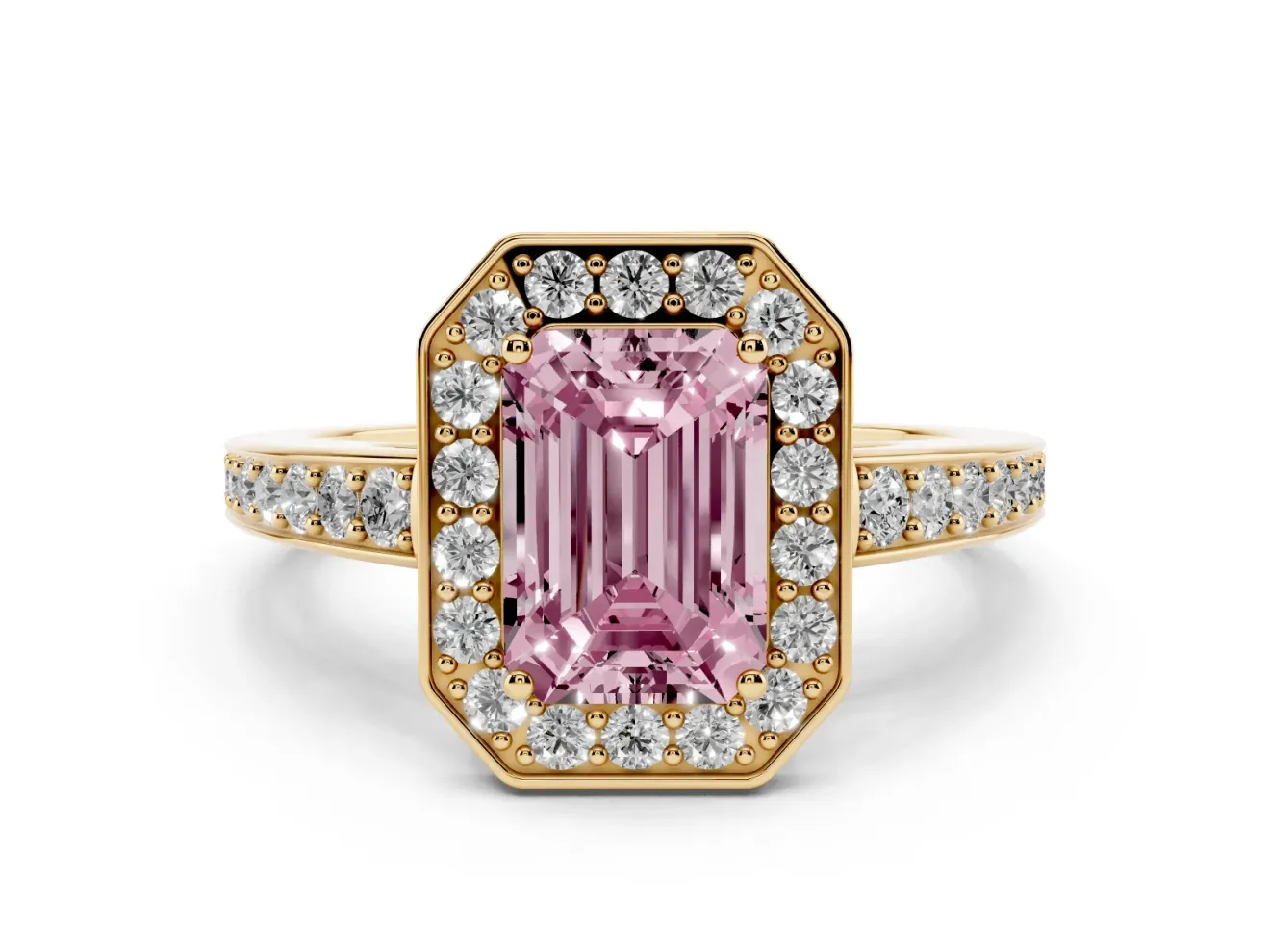 Emerald Cut Framed Halo Engagement Ring Setting for a Fancy Pink Lab-Grown Diamond | Yellow Gold