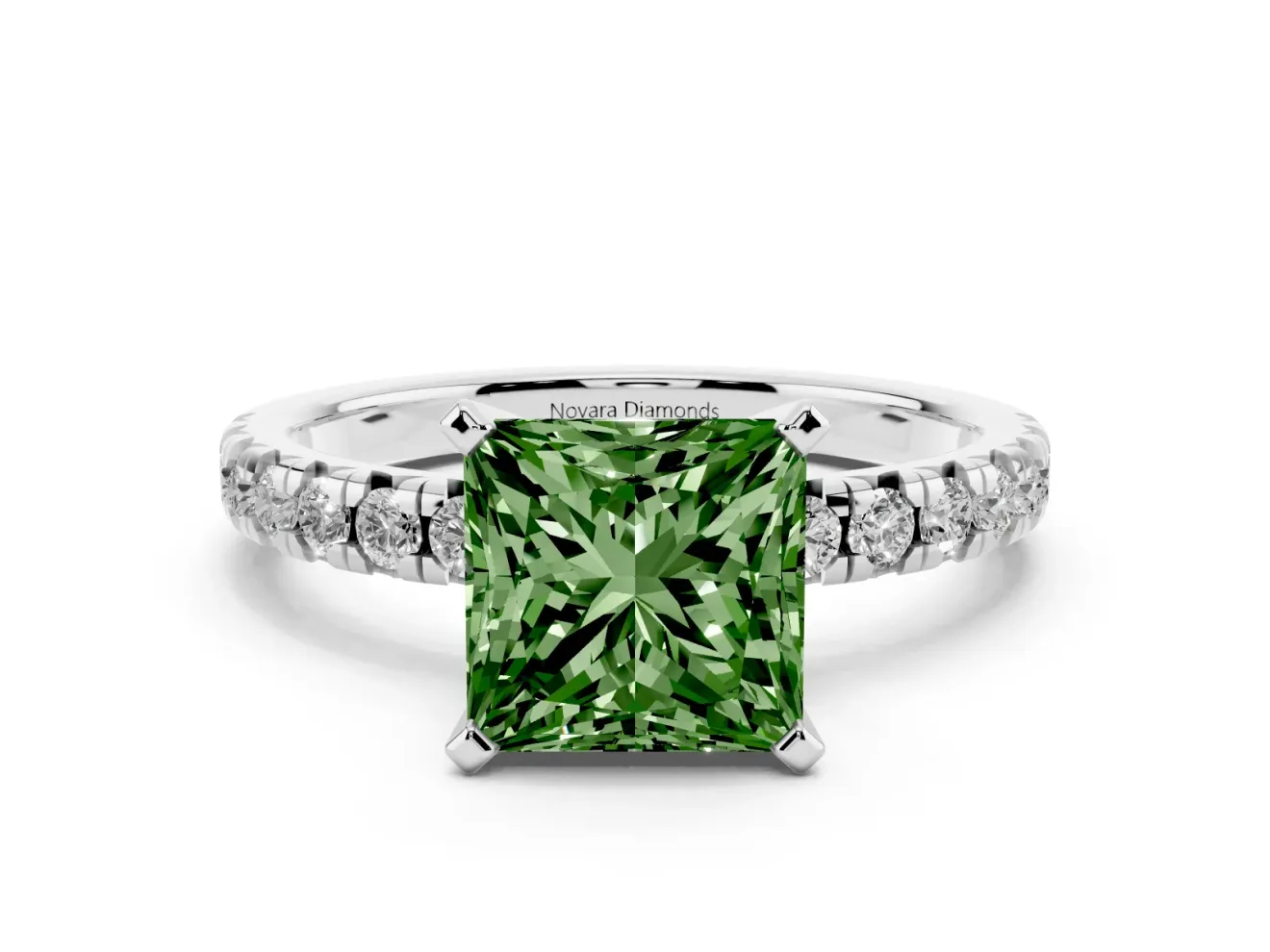 Fancy Green Princess Cut Diamond Solitaire Pavé Engagement Ring Set in Platinum with Round Band and Prong Setting