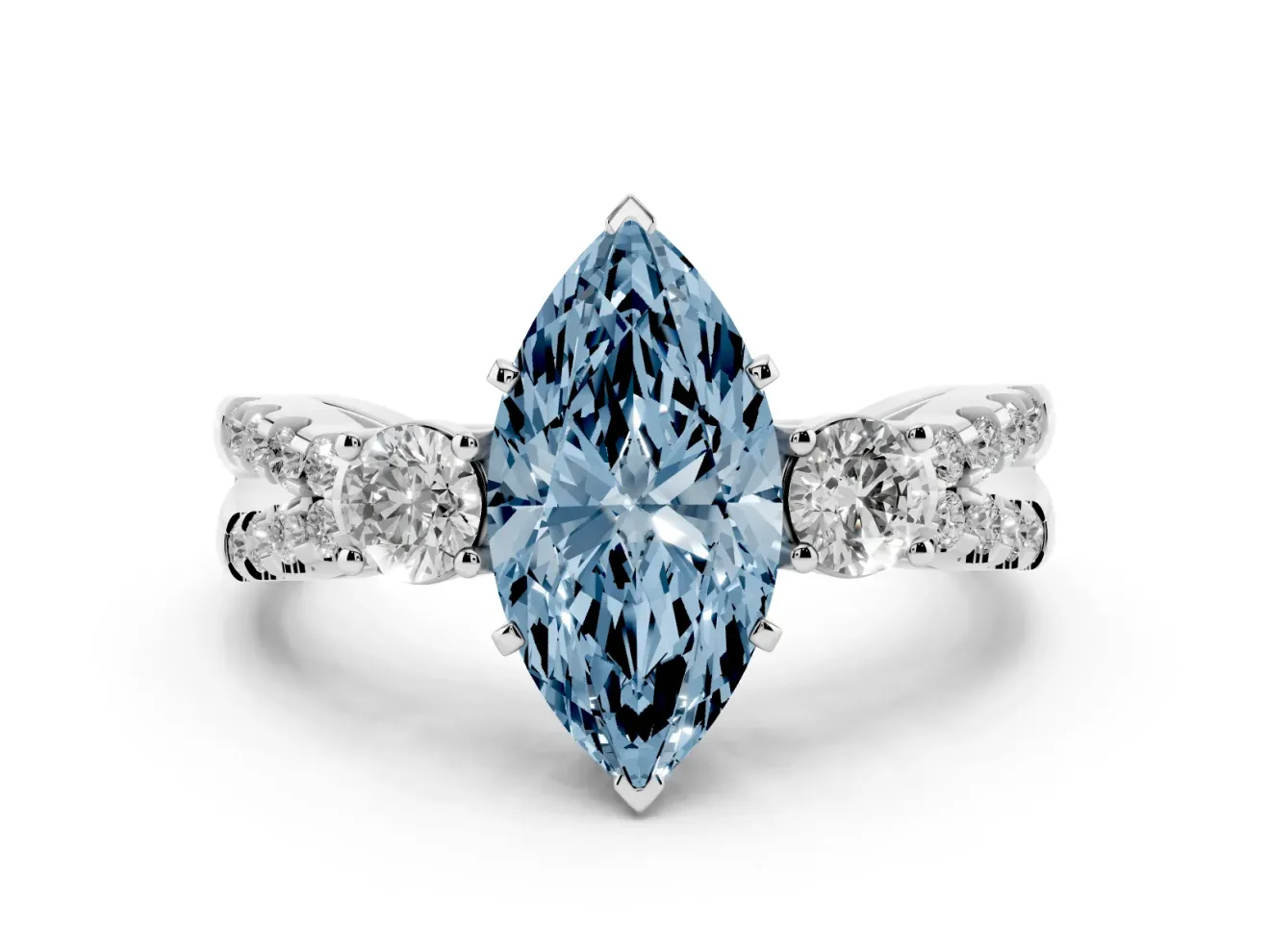 Fancy Blue Marquise Cut Diamond Three-Stone Ring Set in Platinum with Pavé Split Shank and Prong Setting
