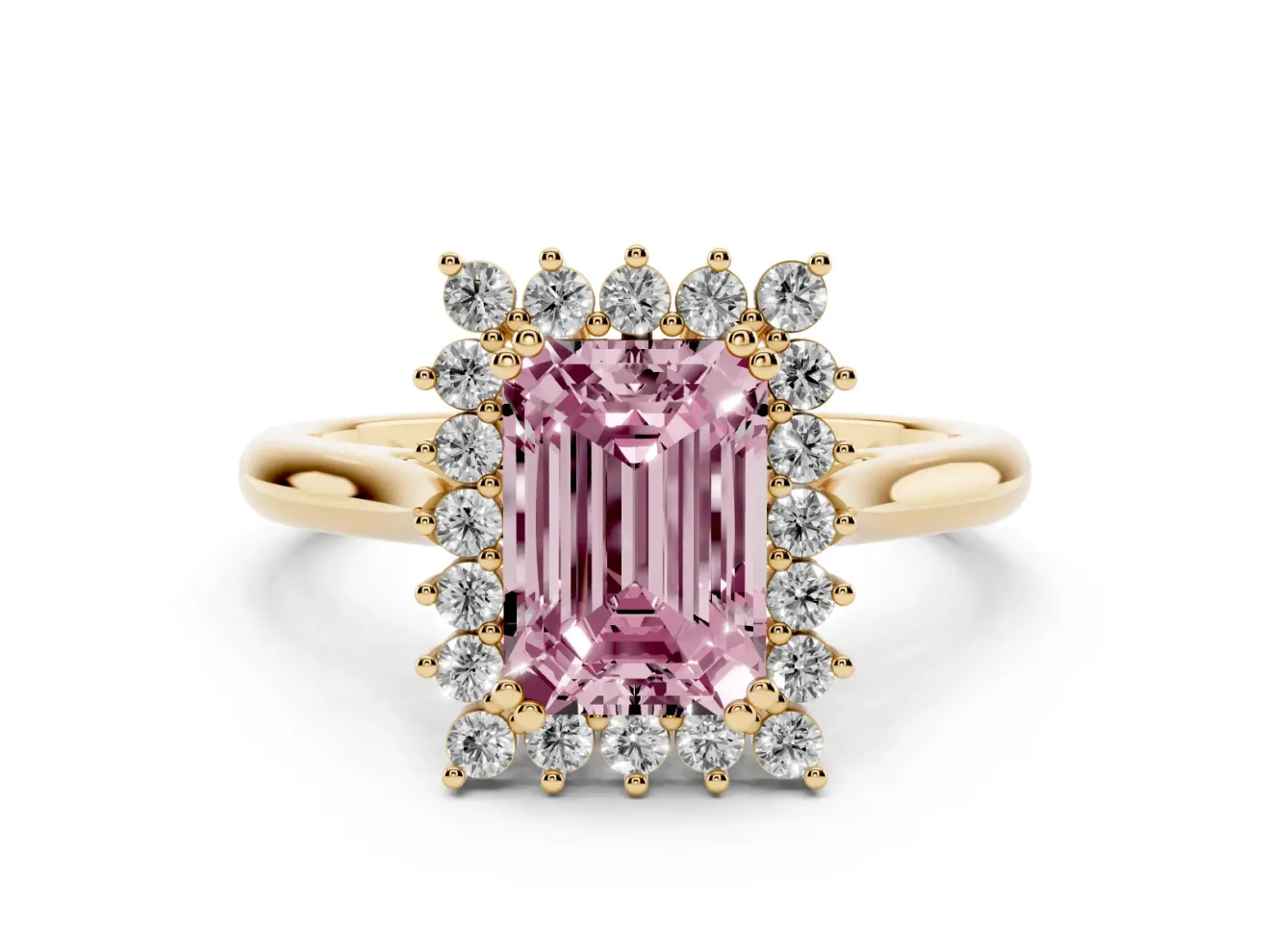 Emerald Cut Starburst Halo Engagement Ring Setting for a Fancy Pink Lab-Grown Diamond | Yellow Gold